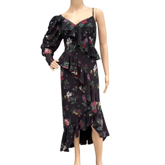 AMUR Pasqualena Dress Size 6 Floral Asymmetric Ruffle Puff Sleeve Midi Backless - Picture 1 of 11